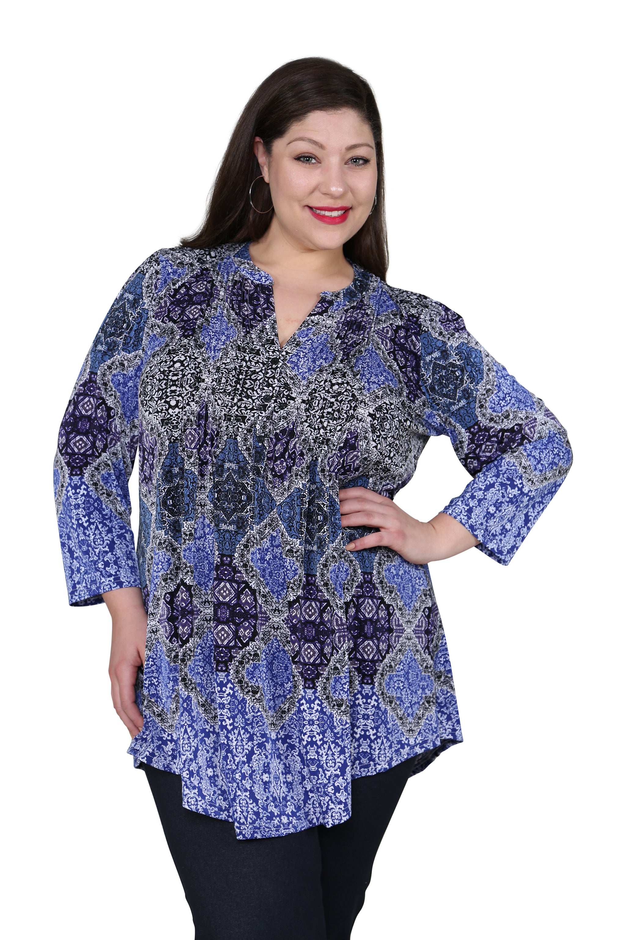 Plus Size La Cera Pleat Front Printed Tunic Top - Blue Multi Color Floral Pattern - Casual Wear for Women, Office Outfit or Special Occasion Dresses