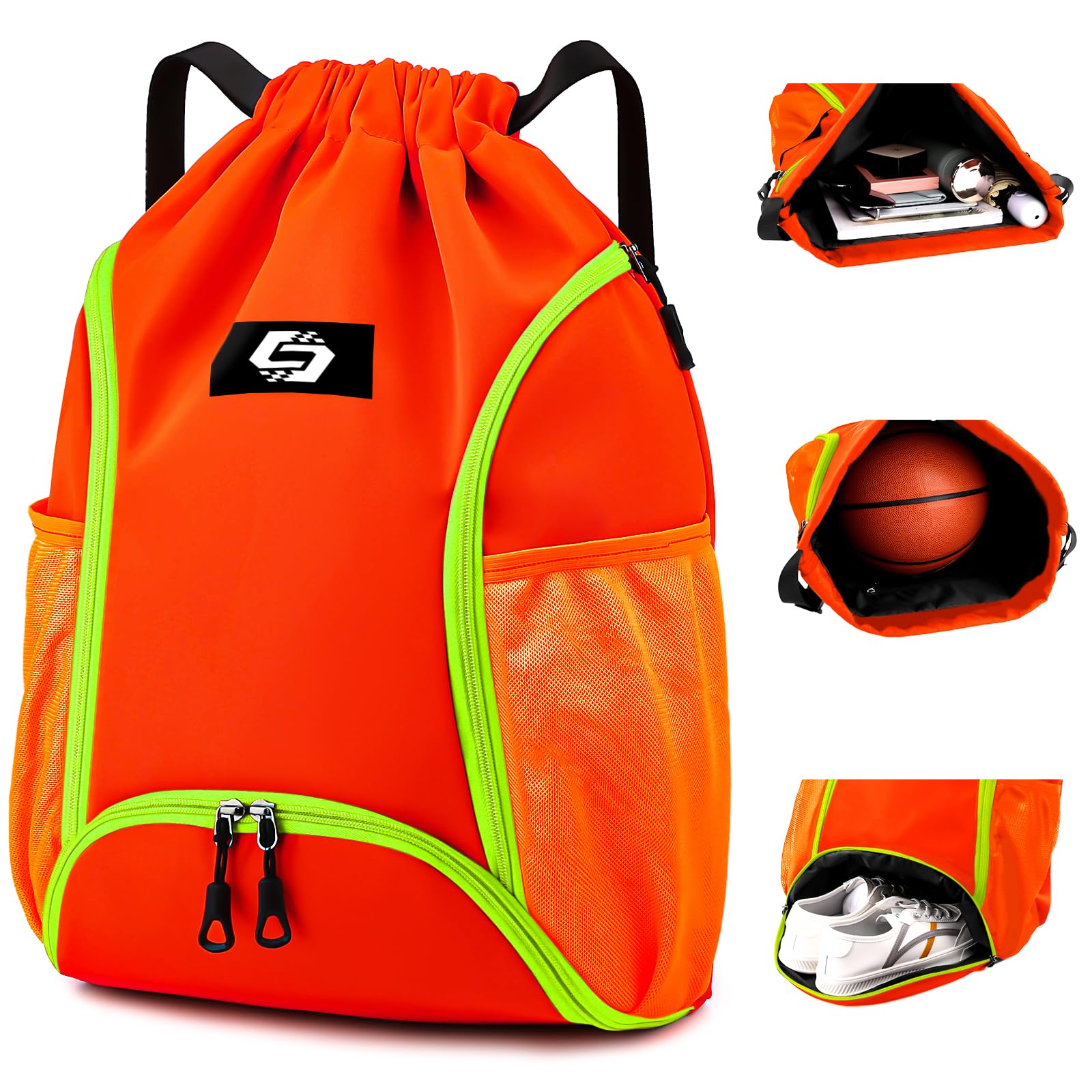 **Men's & Women's Water Resistant Basketball Backpack with Ball Compartment, Shoe Bag & Wet Pocket - Gym & Swim Sports Drawstring Bag for Training, Travel & Outdoor (Orange)**