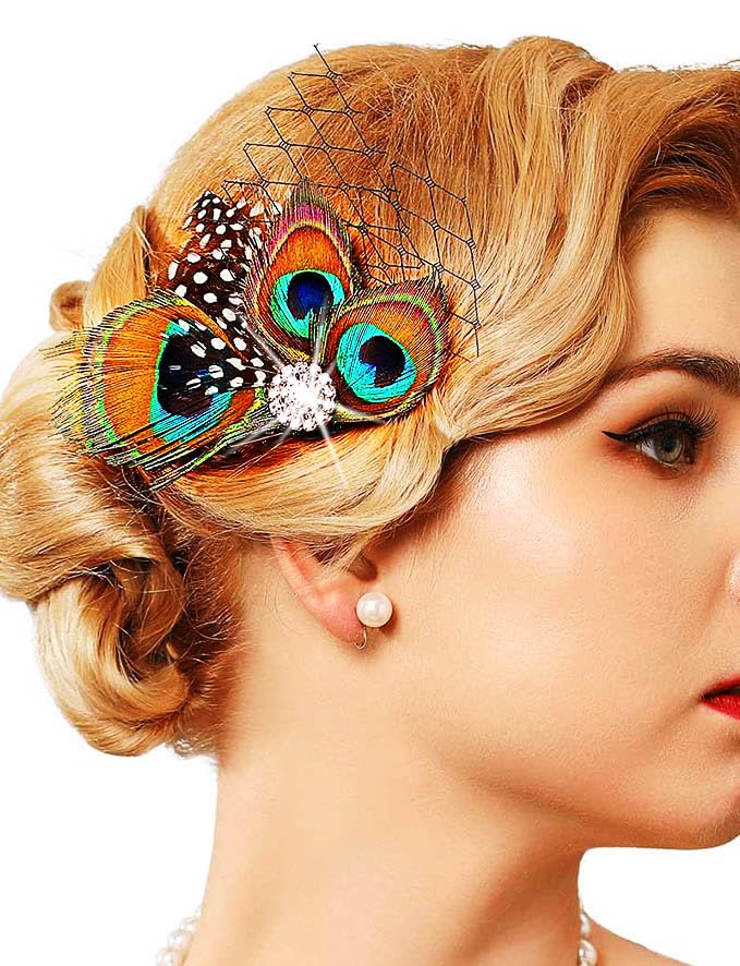 Vintage 1920s Peacock Feather Hair Clip - Flapper Fascinator Headpiece with Rhinestones - Elegant Cocktail Hair Accessories for Women - Perfect for Gatsby Parties, Weddings & Evening Events