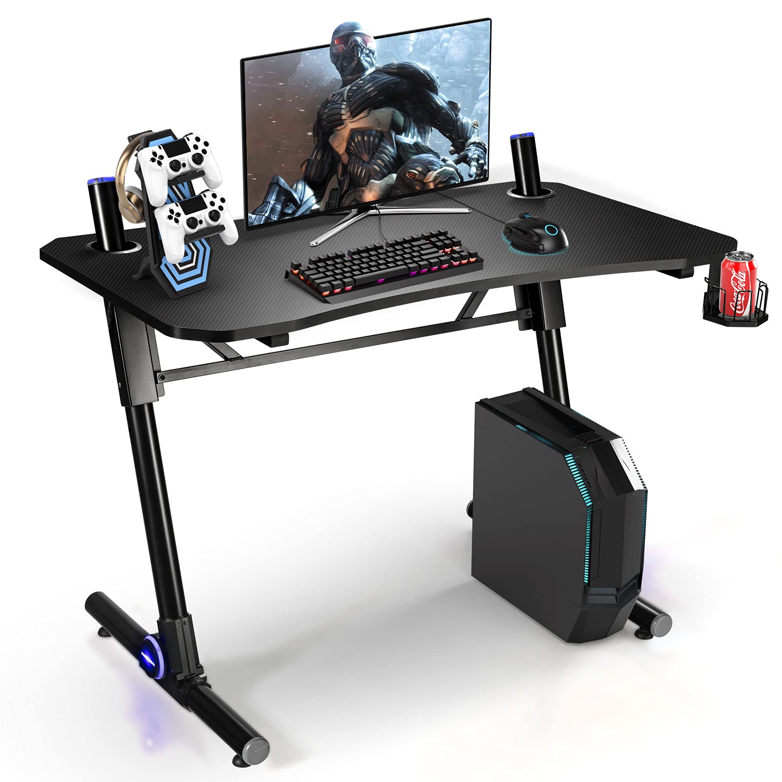 Tangkula Adjustable Gaming Desk with LED Lights - Ergonomic Z-Shaped Computer Desk for Home Office, Carbon Fiber Texture, Cup Holder & Controller Rack (Black) - Perfect for PC Gaming, Streaming & Work Setup
