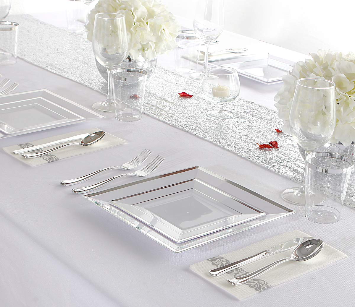 150-Piece Silver Plastic Dinnerware Set - 25 Square Plates, Dessert Plates, Forks, Knives, Spoons & Tumblers - Disposable Silverware for Parties, Weddings & Events