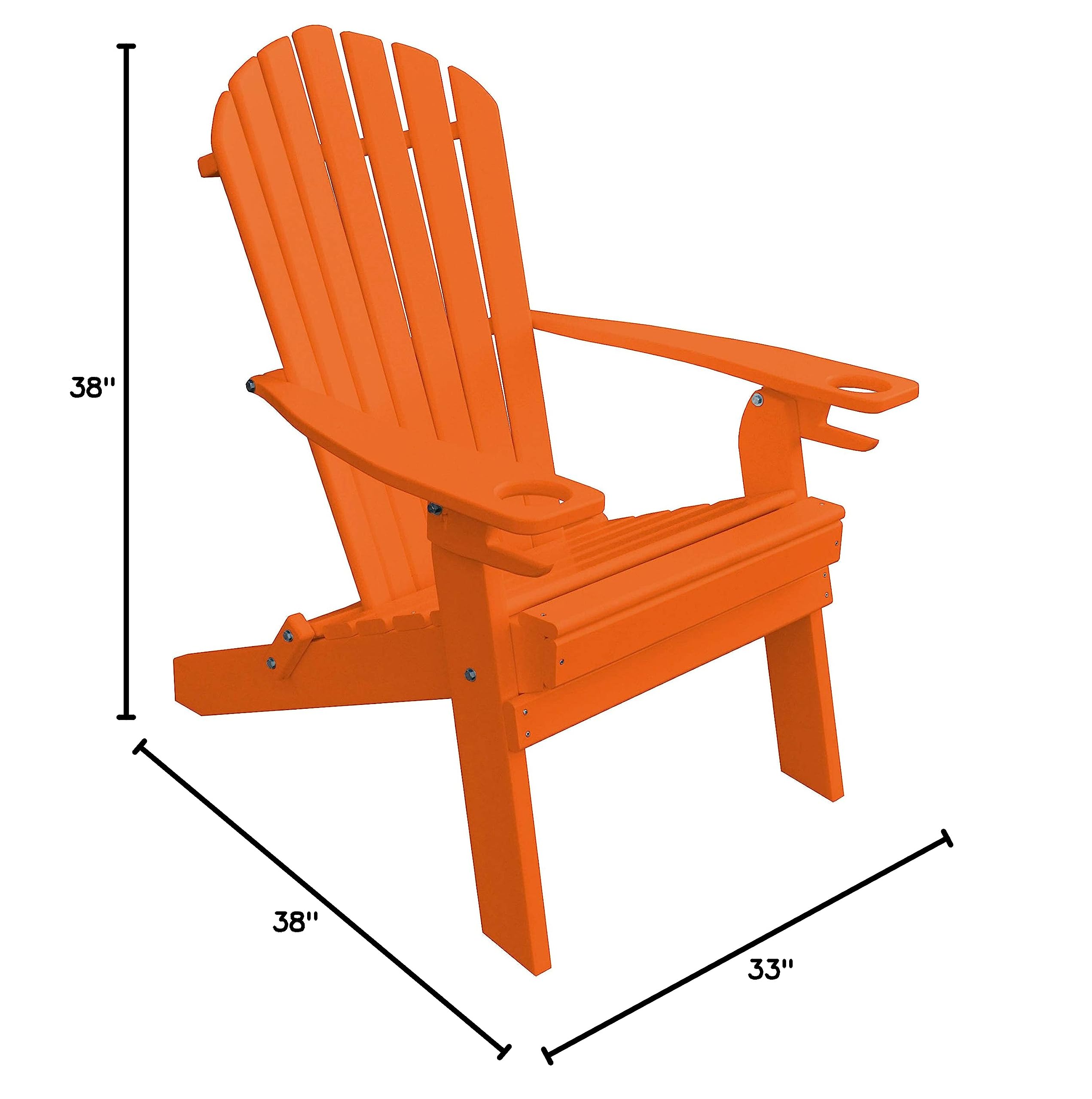Poly Folding Adirondack Chair with 2 Cup Holders - Lightweight Outdoor Patio Furniture for Deck, Poolside & Garden - Orange