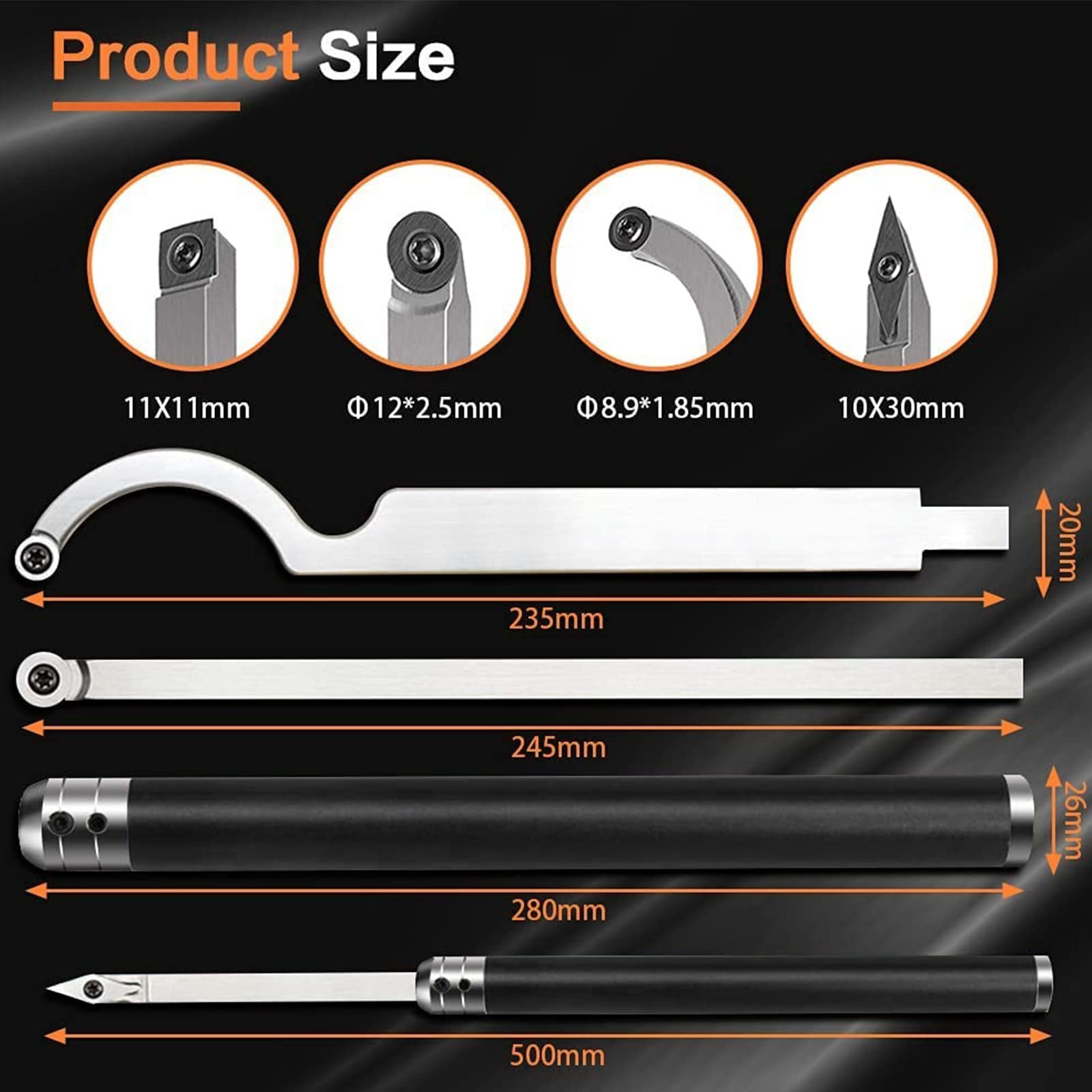 Premium Carbide Lathe Tools Set - Rougher, Finisher, Detailer & Swan Neck Hollower for Wood Turning | Durable Woodworking Chisels with Removable Alloy Handle & 8 Extra Inserts | Perfect for Bowl Making, Furniture Crafting & DIY Wood Projects