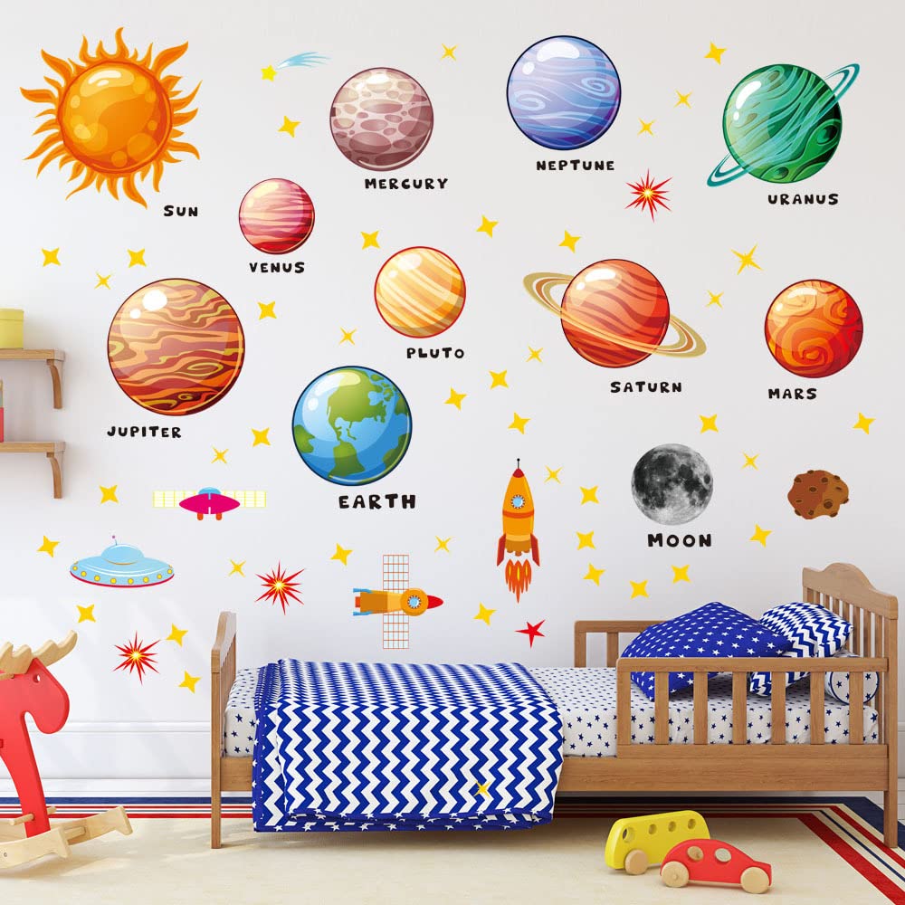 Cartoon Space Wall Stickers - Rocket, Cosmonaut & Planet Decor for Kids Room, Nursery & Playhouse | Solar System Learning Mural & Astronaut Wall Decals | Perfect for Bedroom, Classroom & Playroom Decor