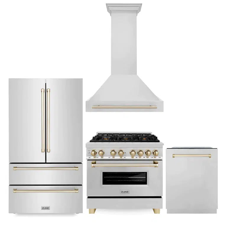 ZLINE Autograph Edition 36 Inch Stainless Steel Kitchen Package - Dual Fuel Range, Range Hood, Dishwasher & Refrigerator with Polished Gold Accents (4KAPR RARHDWM36 G) | Premium Luxury Kitchen Appliances for Modern Homes & Chef-Inspired Cooking
