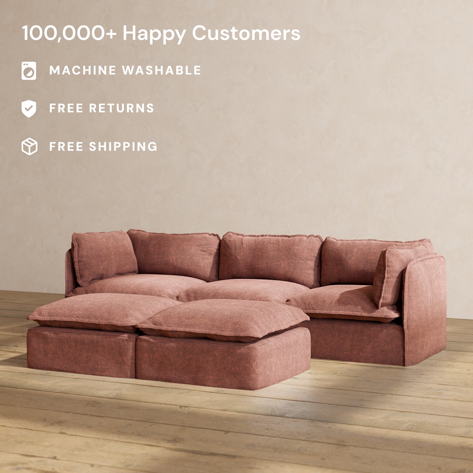 Premium Modular Performance 3-Seater Sofa with Bench Ottoman in Chestnut Brown - Comfortable Blend Fabric for Living Room, Lounge & Family Gatherings
