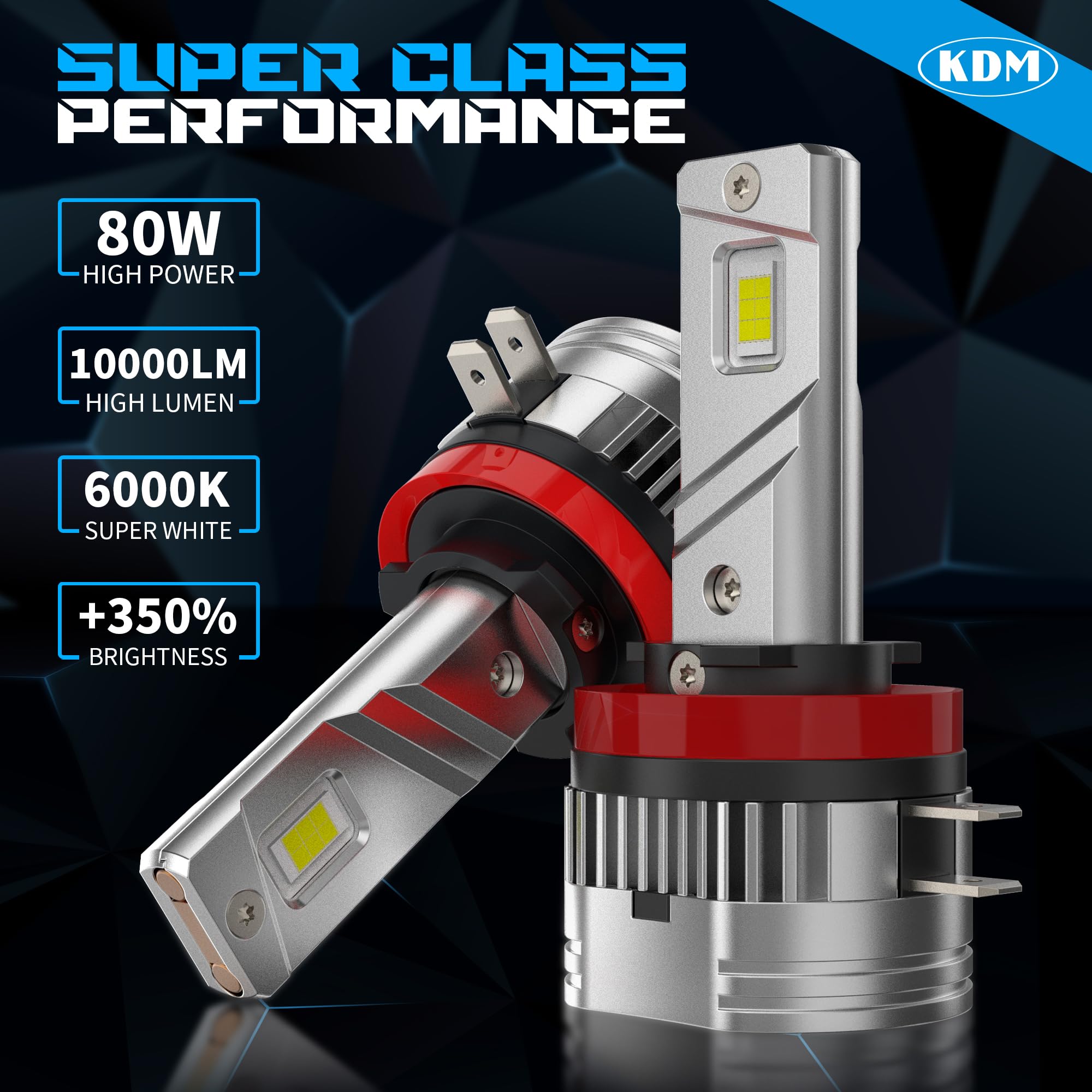 KDM H11B LED Fog Light Bulb - 80W 10000LM High/Low Beam Replacement - 600% Brighter with Cooling Fan - 6000K White H11B LED Bulb Kit (2-Pack) - Perfect for Off-Roading, Night Driving & Foggy Conditions