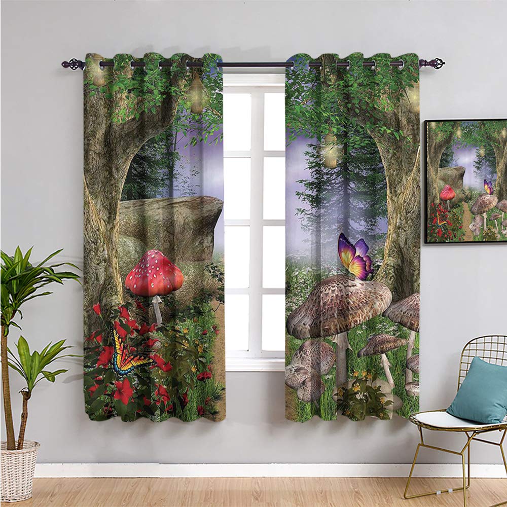 Enchanted Nature Pathway Printed Curtains - 54x39 Inch Fairy Tale Landscape with Butterflies & Rocks Design for Bedroom & Living Room | Polyester Blackout Window Drapes for Cozy Home Decor