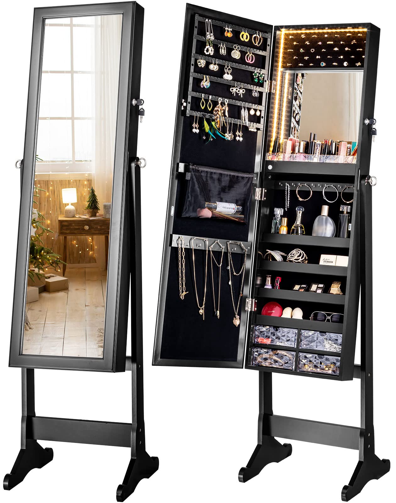 LUXFURNI LED Mirror Jewelry Cabinet Armoire - Freestanding Jewelry Storage Organizer with Full Length Mirror, Large Jewelry Storage with Built-in Lighted Mirror & Lock (Black) | Perfect for Bedroom, Dressing Room & Closet Organization