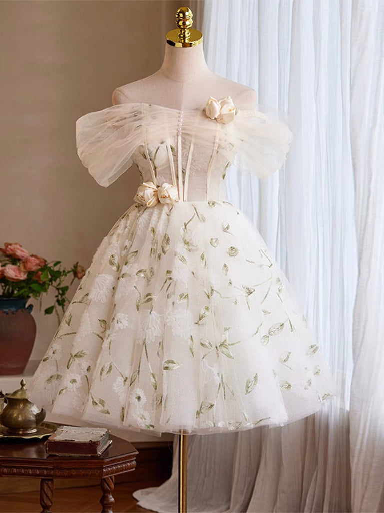 Elegant A-Line Tulle Off-Shoulder Lace Short Prom Dress in Light Champagne - Perfect for Homecoming, Cocktail Parties & Special Occasions