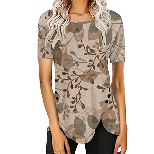 Women's Summer Short Sleeve Tunic Top - Round Neck Button Down Blouse with Side Slit - Navy Blue Casual Tee Shirt for Women | Perfect for Beach Outings, Office Wear & Everyday Comfort