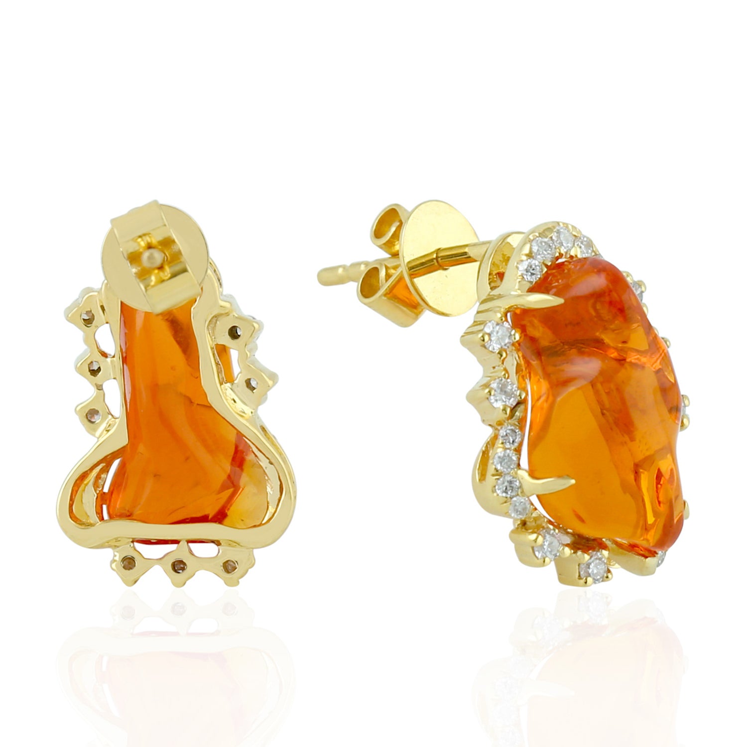 18K Yellow Gold Fire Opal & Diamond Stud Earrings | Elegant Gemstone Jewelry for Women | Perfect for Weddings, Parties & Special Occasions