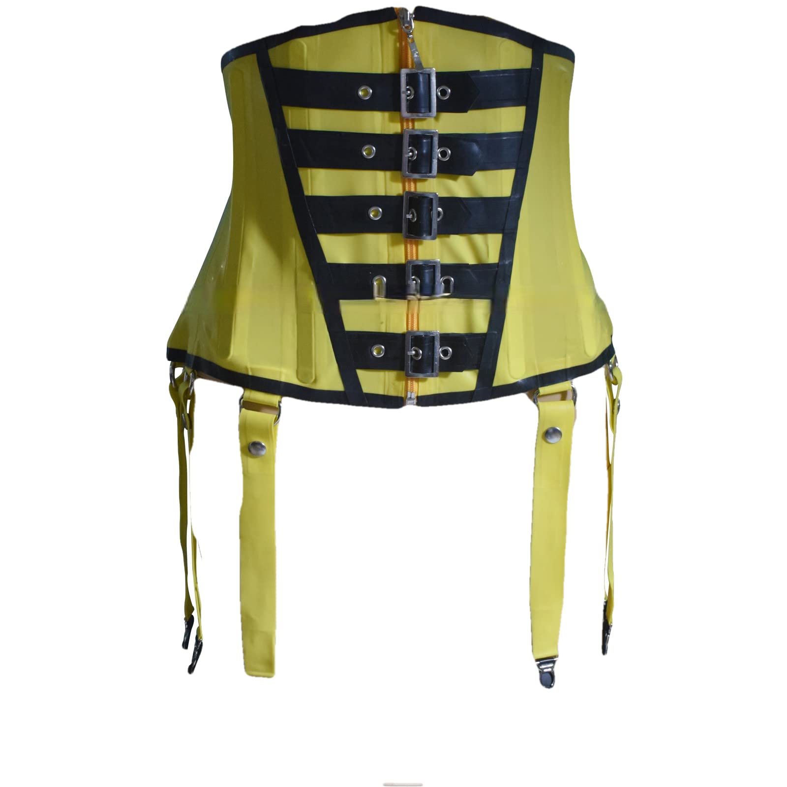 Sexy Black and Yellow Latex Corset with Front & Back Lacing, Zipper Belt - Adjustable Rubber Bustier Top for Burlesque, Cosplay & Fetish Wear