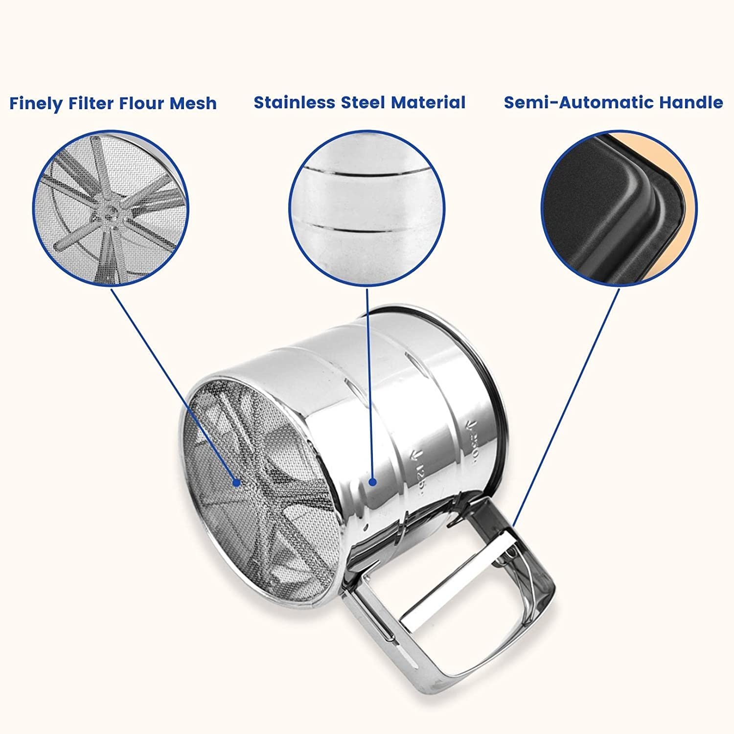 Premium Stainless Steel Mesh Flour Sifter - Mechanical Baking Sugar Shaker Sieve with Handle - Perfect for Baking, Cake Decorating & Kitchen Use