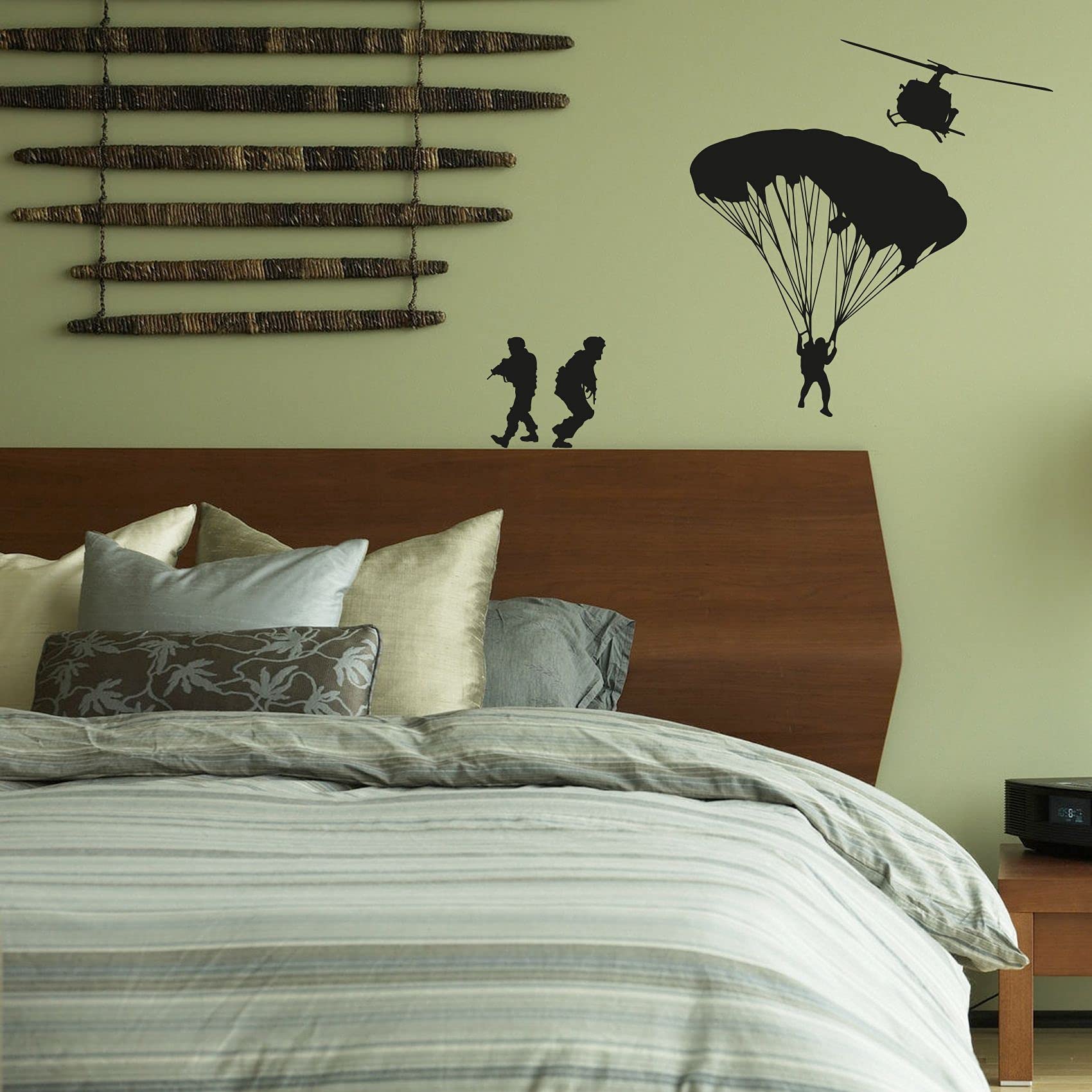 Military Swat Team Army Soldier Helicopter Parachute Vinyl Wall Decal - 28x30 Inch Removable Sticker for Boys Girls Room, Playroom, Bedroom & Home Gym Decor - Perfect for Kids' Room Themes & Military Enthusiast Wall Art