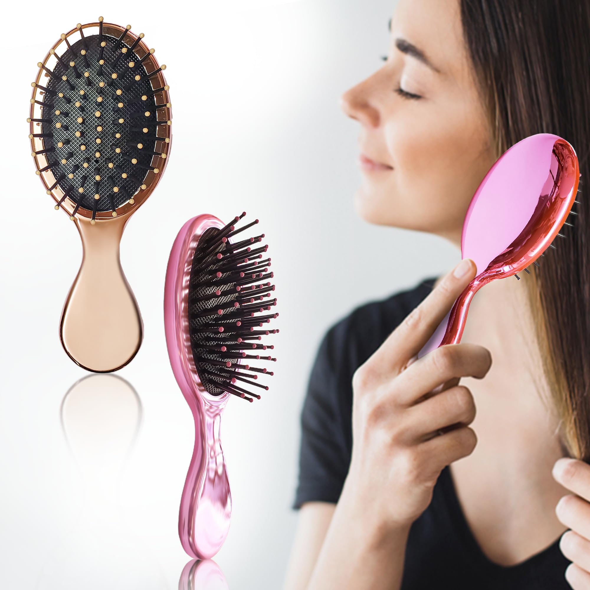 Sanas Small Metallic Hair Brush Set - 3PCS No Pull Detangling Hairbrush for Women & Teens, Portable Travel Hair Brush with Mirror, Trendy Gift for Girls (Multicolor) - Perfect for Home, Travel & On-the-Go Styling