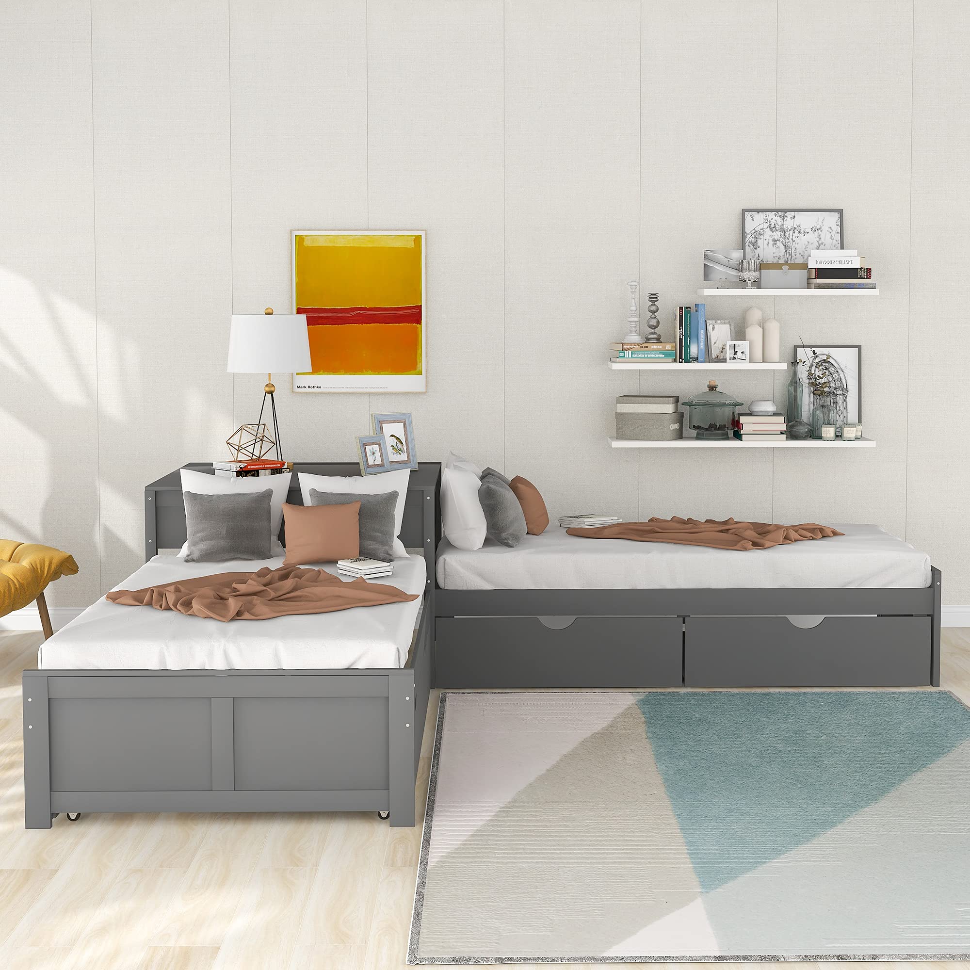 Twin L-Shaped Storage Daybed with Trundle & Drawers - Convertible Sofa Bed for Living Room, Bedroom, Guest Room (Grey)