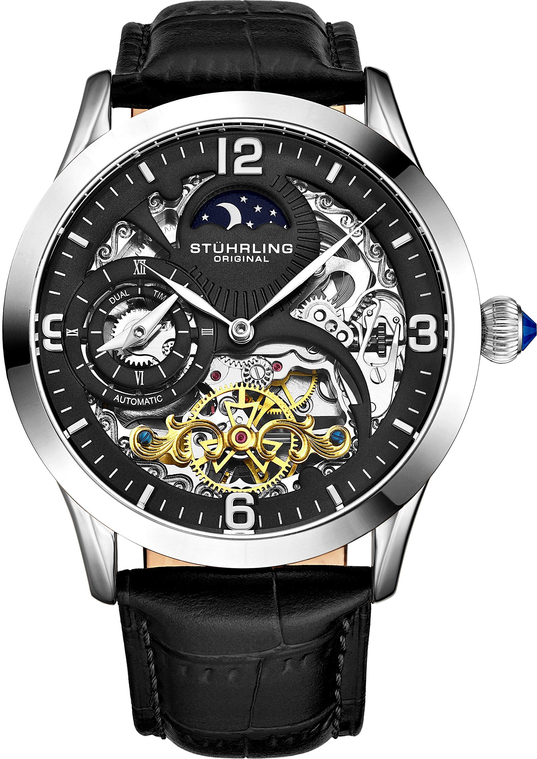 Stuhrling Original Men's Automatic Skeleton Watch with Dual Time, AM/PM Sun Moon Display & Leather Band - 571 Series - Perfect for Business, Formal Occasions & Watch Collectors