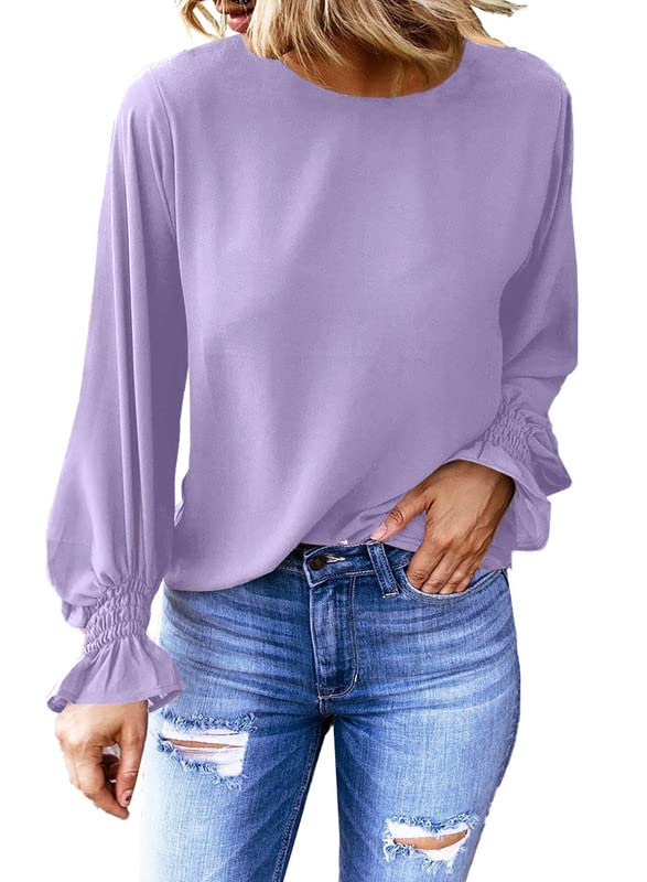 Dokotoo Women's 2023 Summer Long Sleeve Ruffle Bubble Sleeve Casual Loose Blouse - Trendy Flowy Top for Office, Date Night & Weekend Outings