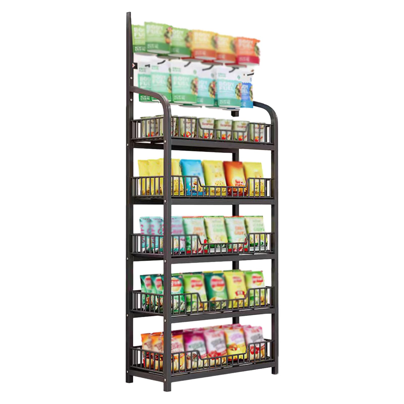 5 Tier Metal Wire Display Rack with Wheels & Hooks - Snack Organizer Stand for Supermarket, Retail Store, and Home Kitchen - Perfect for Candy, Potato Chips, and Grocery Storage (Black)