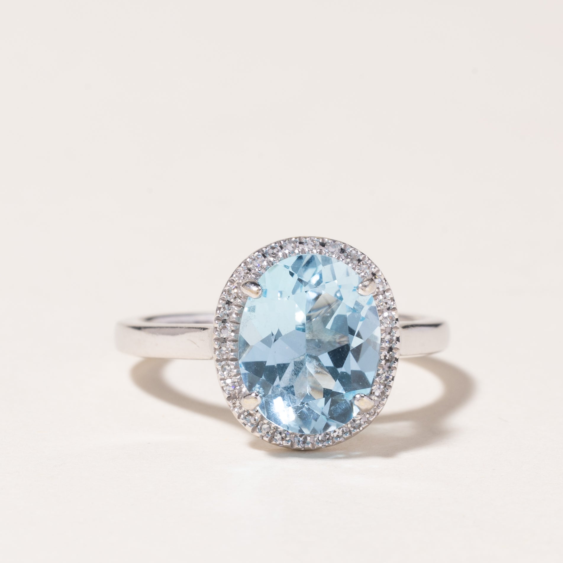 14K White Gold Halo Topaz Ring - 2.79ct Natural Blue Topaz with 0.15ctw Diamond Accents | Size 5.25 | Elegant Engagement, Anniversary or Gift Jewelry for Women