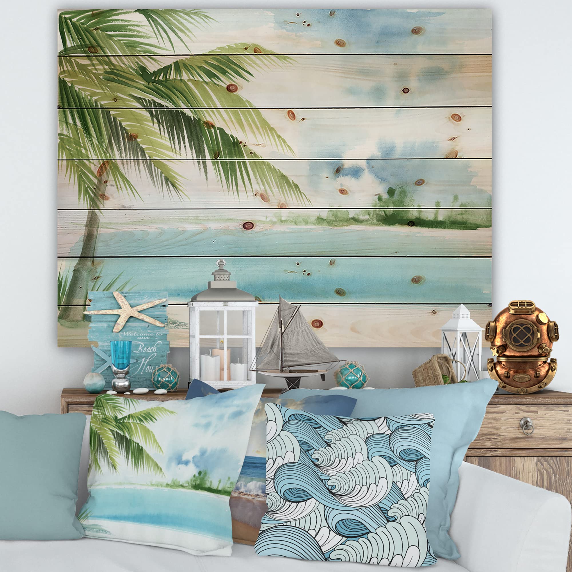 Palm Beach Resort At Dawn Coastal Wood Wall Art - Blue Nautical Decor, Large Beach Wood Wall Panels Printed on Natural Pine - Perfect for Living Room, Bedroom & Beach House Decor