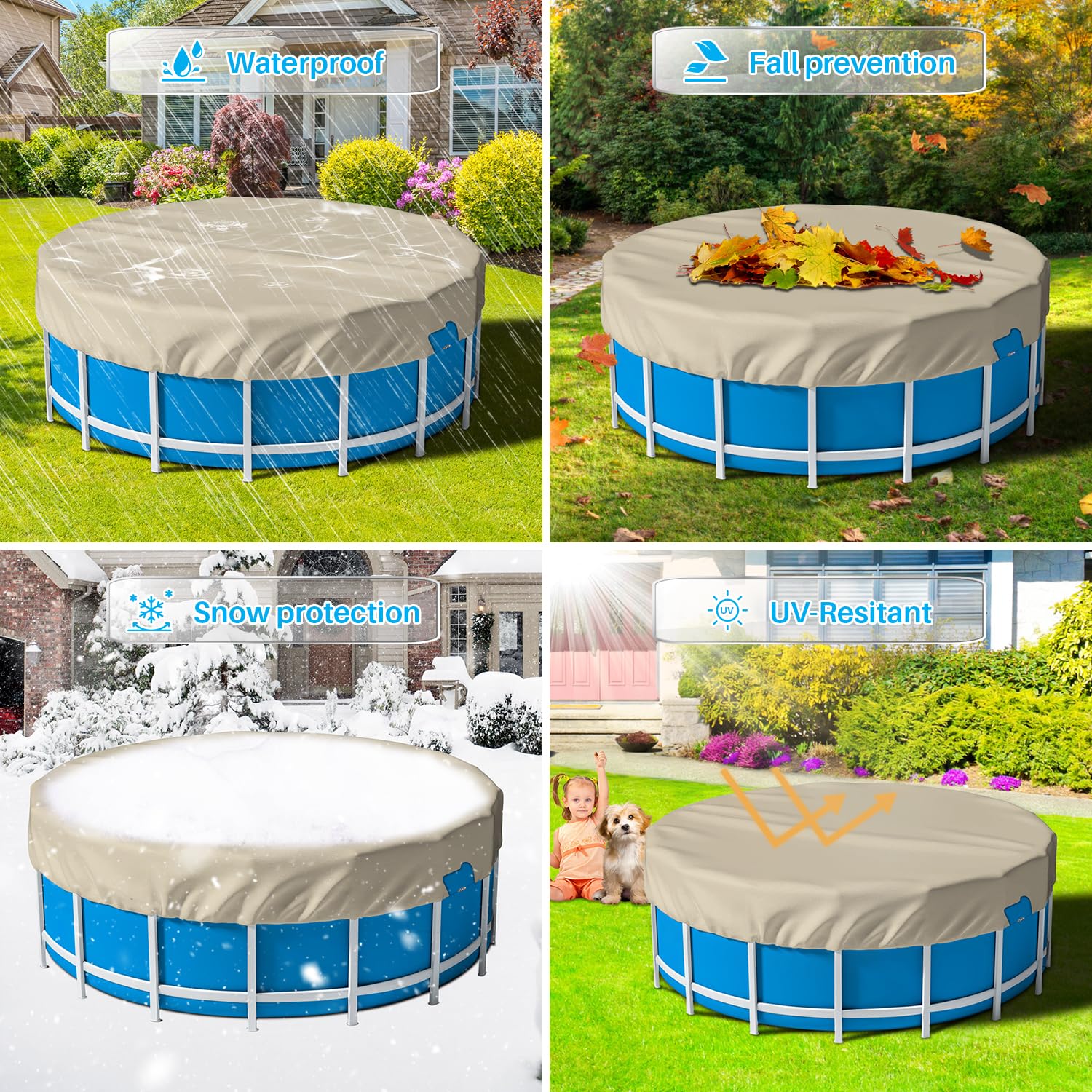 Patio Paradise 8ft Round Above Ground Pool Cover, 11ft Winter Safety Pool Cover with Wire Rope Edging & Winch, Waterproof Beige Leaf Tarp for Year-Round Protection