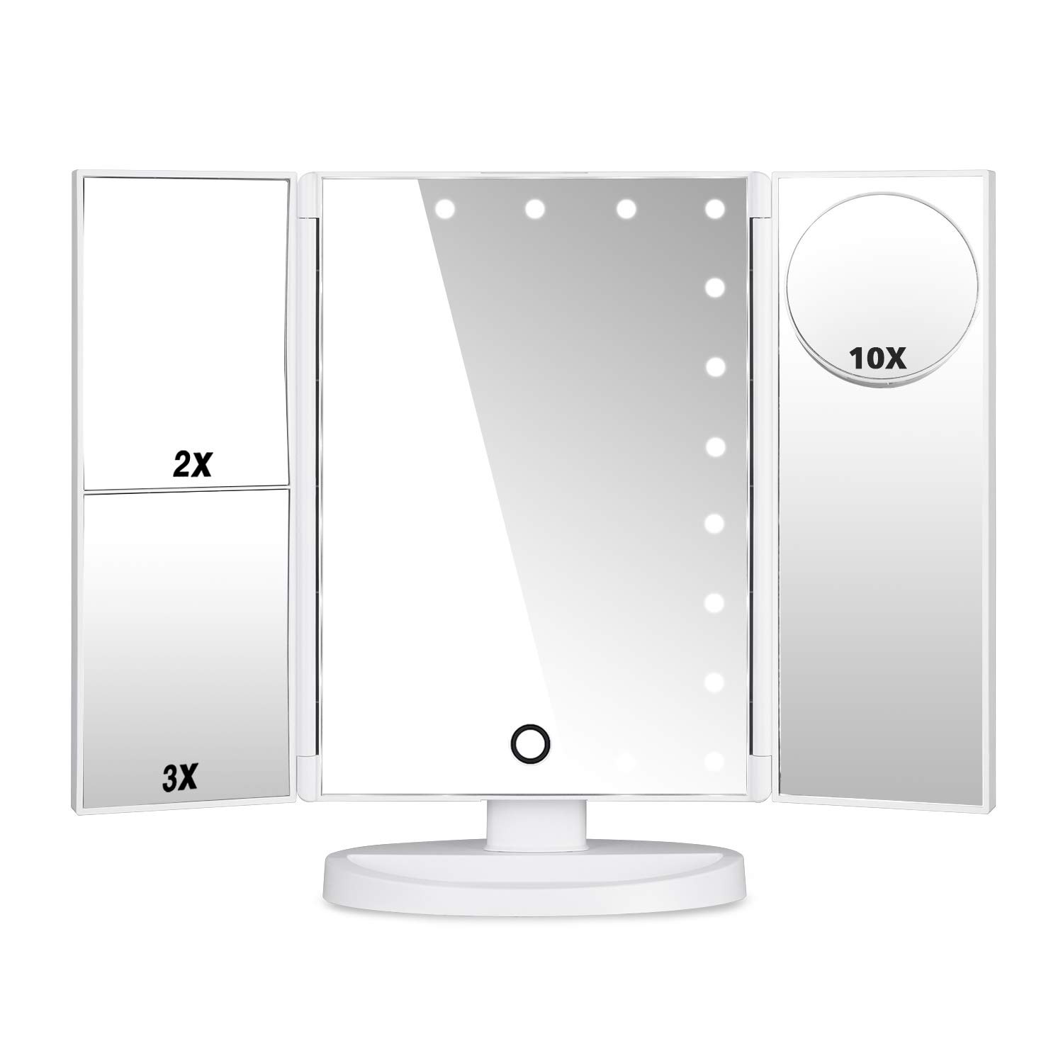 Professional LED Vanity Mirror with Lights - 1X/2X/3X/10X Magnification, Touch Control & Dual Power Supply - Portable Makeup Mirror for Women - Perfect for Home, Travel & Salon Use (White)