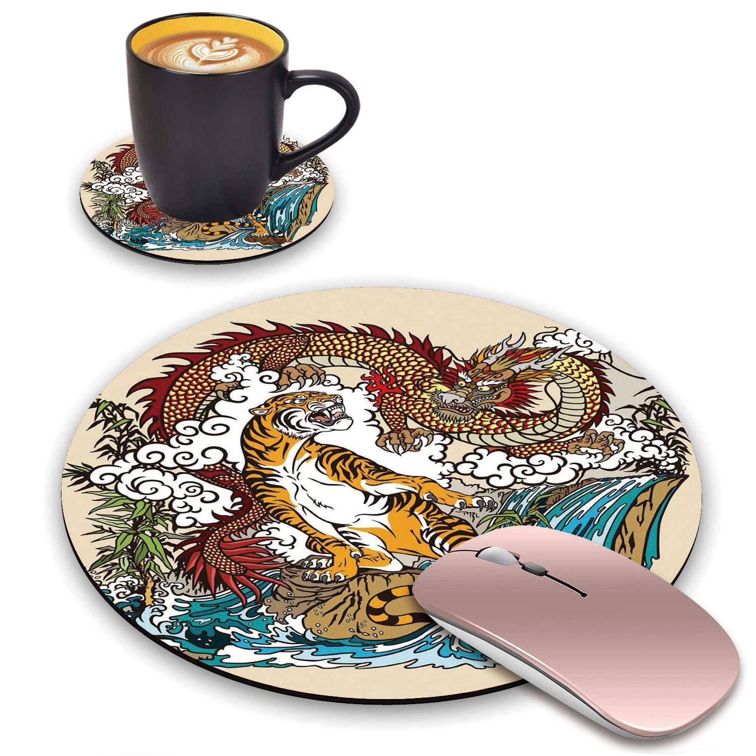 Chinese Dragon & Tiger Landscape Mouse Pad with Coasters Set - Non-Slip Rubber Base Gaming & Office Desk Mat for Computer, Laptop - Perfect for Work, Gaming & Home Office Decor