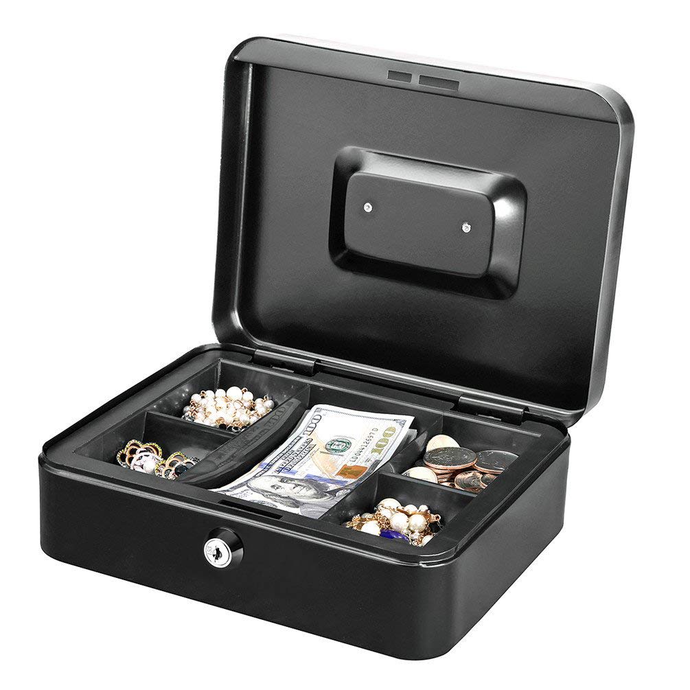 Jssmst Heavy Duty Metal Cash Box with Money Tray - Secure Locking Money Storage Box for Business, Home & Office Use - Black