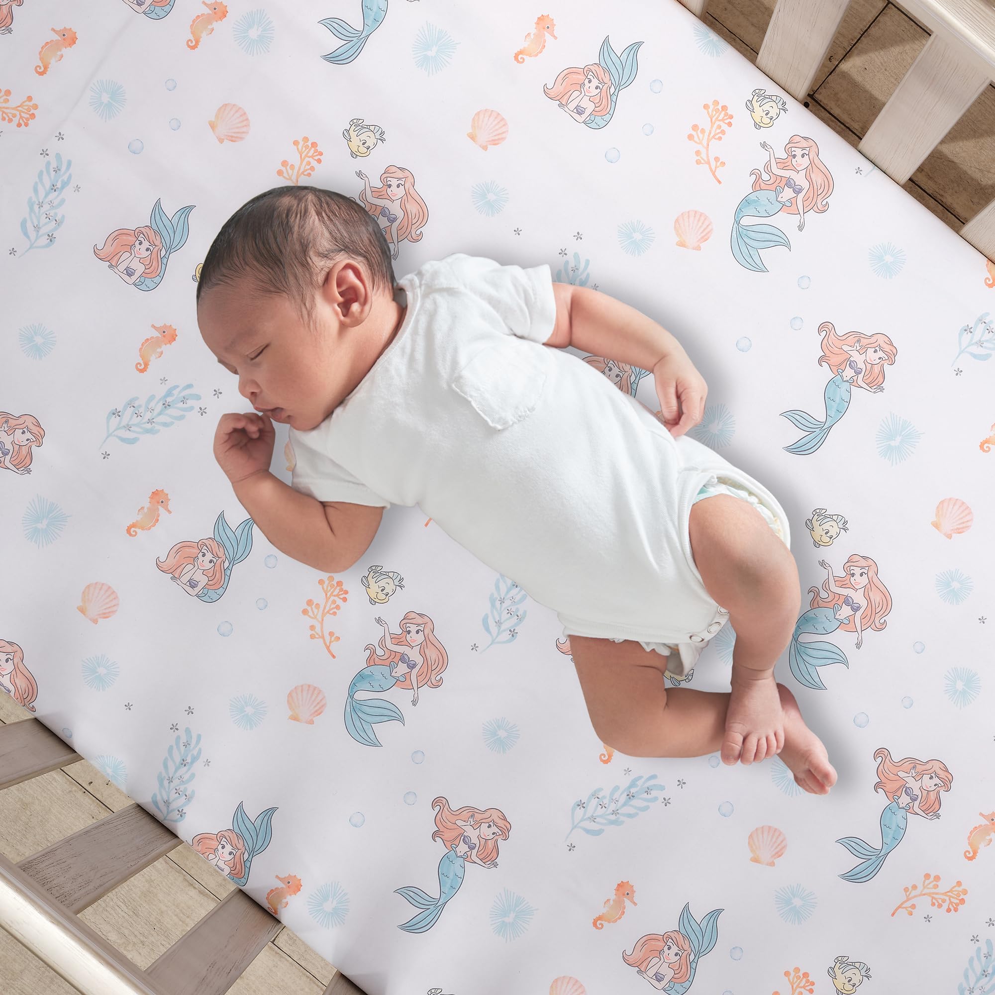 Disney Baby The Little Mermaid 3-Piece Crib Bedding Set - Soft Baby Blanket, Fitted Sheet & Crib Skirt - Perfect for Nursery, Baby Shower Gift & Newborn Sleep Comfort