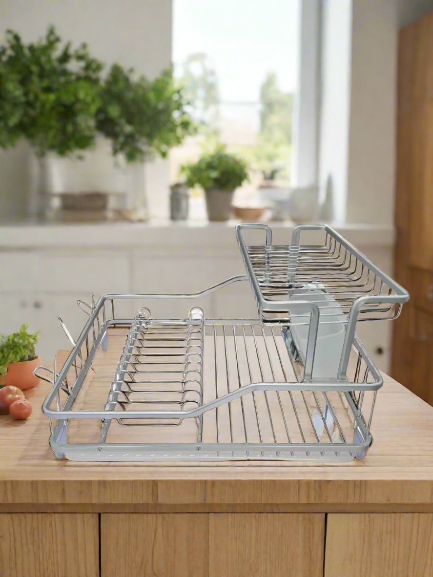 2-Tier Aluminum Dish Rack 17.5x13.5 Inches - Large Space-Saving Kitchen Drying Rack for Dishes, Cups & Utensils - Perfect for Small Apartments & Countertop Organization