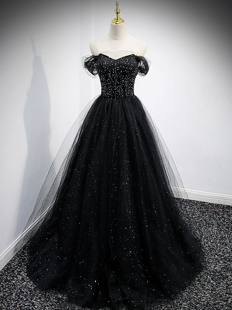 Elegant Black Sweetheart Off-Shoulder Tulle Long Prom Dress for Women | Formal Evening Gown for Homecoming, Wedding, Party & Special Occasions