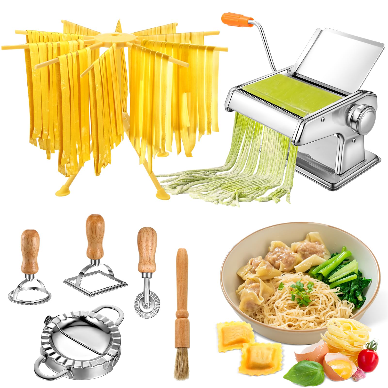 Stainless Steel Manual Pasta Maker Machine with Adjustable Thickness - Includes Pasta Drying Rack & Ravioli Stamp Cutter for Spaghetti, Fettuccine, Lasagna | Perfect for Italian Cuisine & Homemade Dumpling Skins | Ideal for Home Kitchen & Restaurant Use
