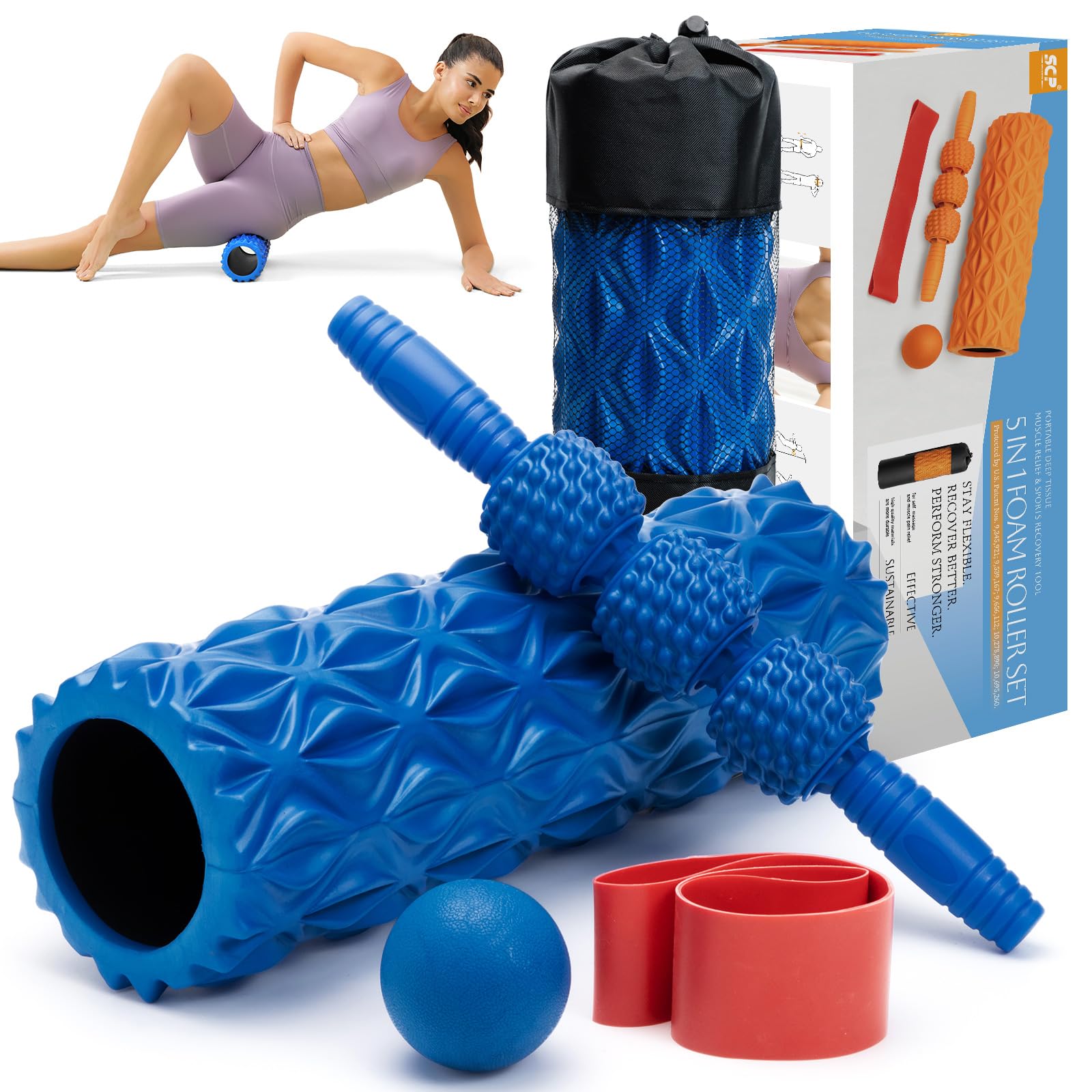 5 in 1 High Density Foam Roller Set with Muscle Roller Stick, Massage Ball, Resistance Bands - Deep Tissue Massage for Yoga, Pilates, Workout Recovery & Trigger Point Release - Perfect for Home Gym, Physical Therapy & Post-Workout Stretching
