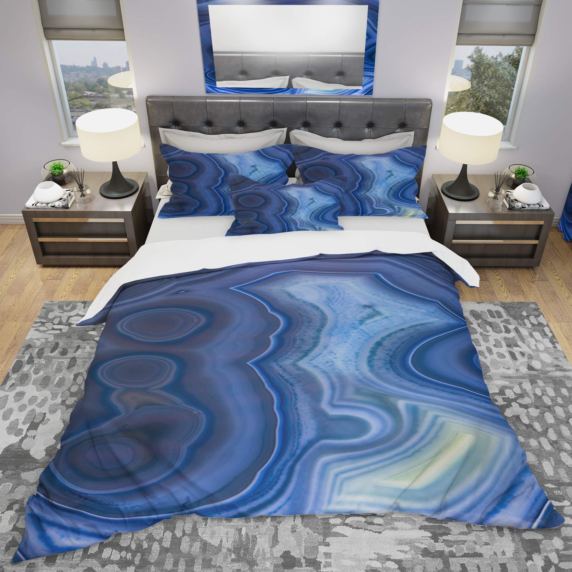 Blue Agate Duvet Cover Set King - Modern Abstract Bedding for All Seasons
