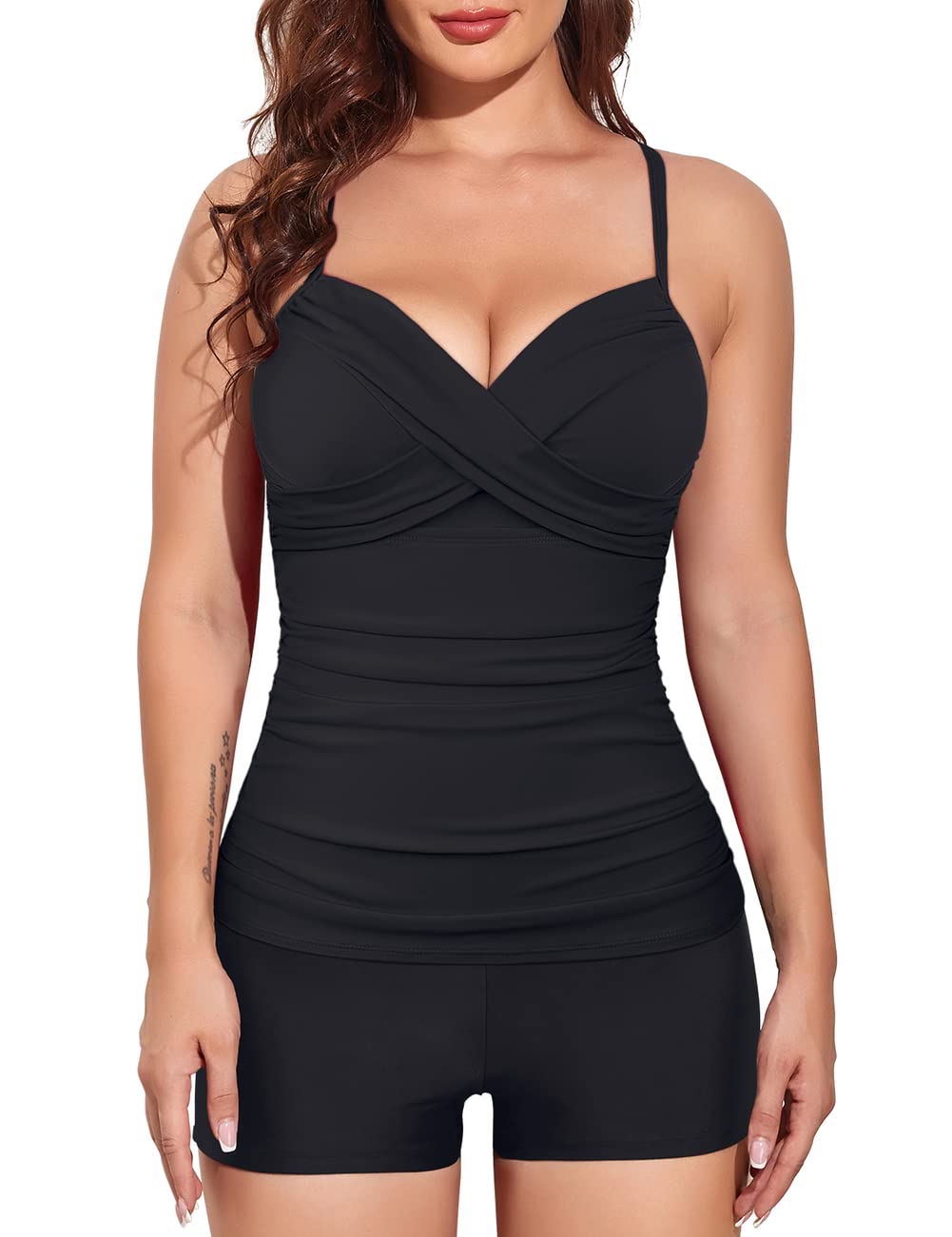 Hilor Women's Underwire Tankini Swimsuit Top with Shorts - V Neck Twist Design, Tummy Control Two Piece Bathing Suit for Swimming, Beach & Vacation