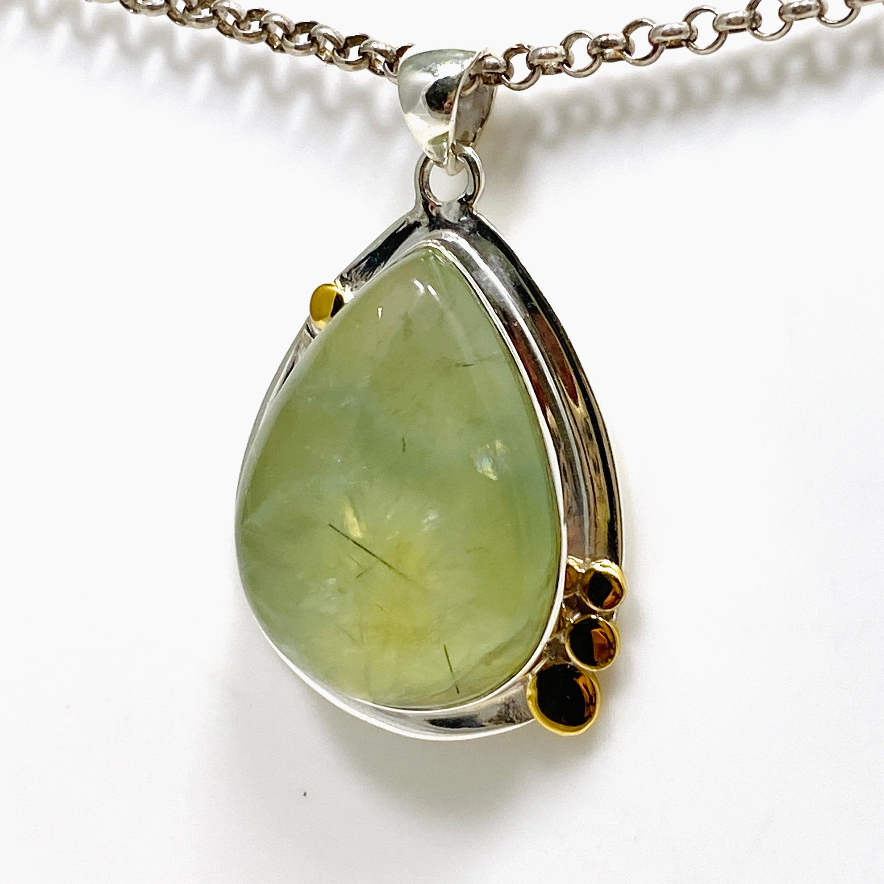 Prehnite Teardrop Pendant Necklace with Brass Accents - KPGJ4294 | Elegant Boho Jewelry for Women, Perfect for Everyday Wear & Special Occasions