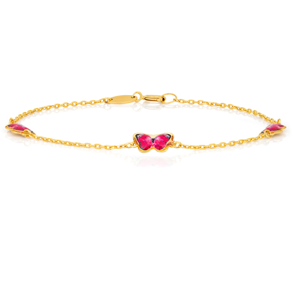 9ct Yellow Gold 16cm Charm Bracelet with 3 Red Enamel Butterflies - Elegant Jewelry Gift for Women, Perfect for Weddings, Anniversaries & Special Occasions
