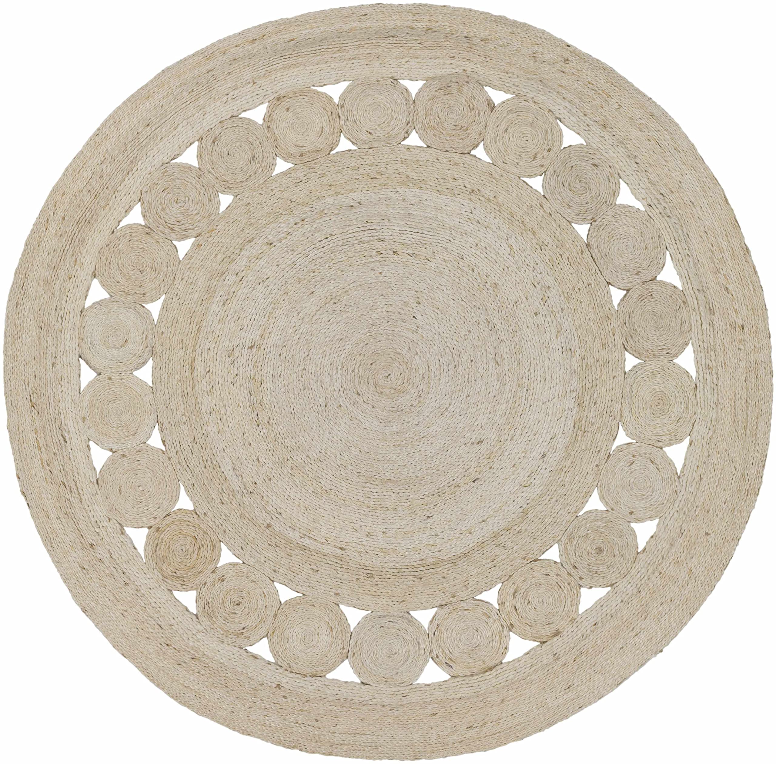 Hauteloom Changewater Jute Round Area Rug 5' - Natural Beige Handwoven Living Room & Bedroom Rug - Traditional Transitional Decor for Boho Chic Home