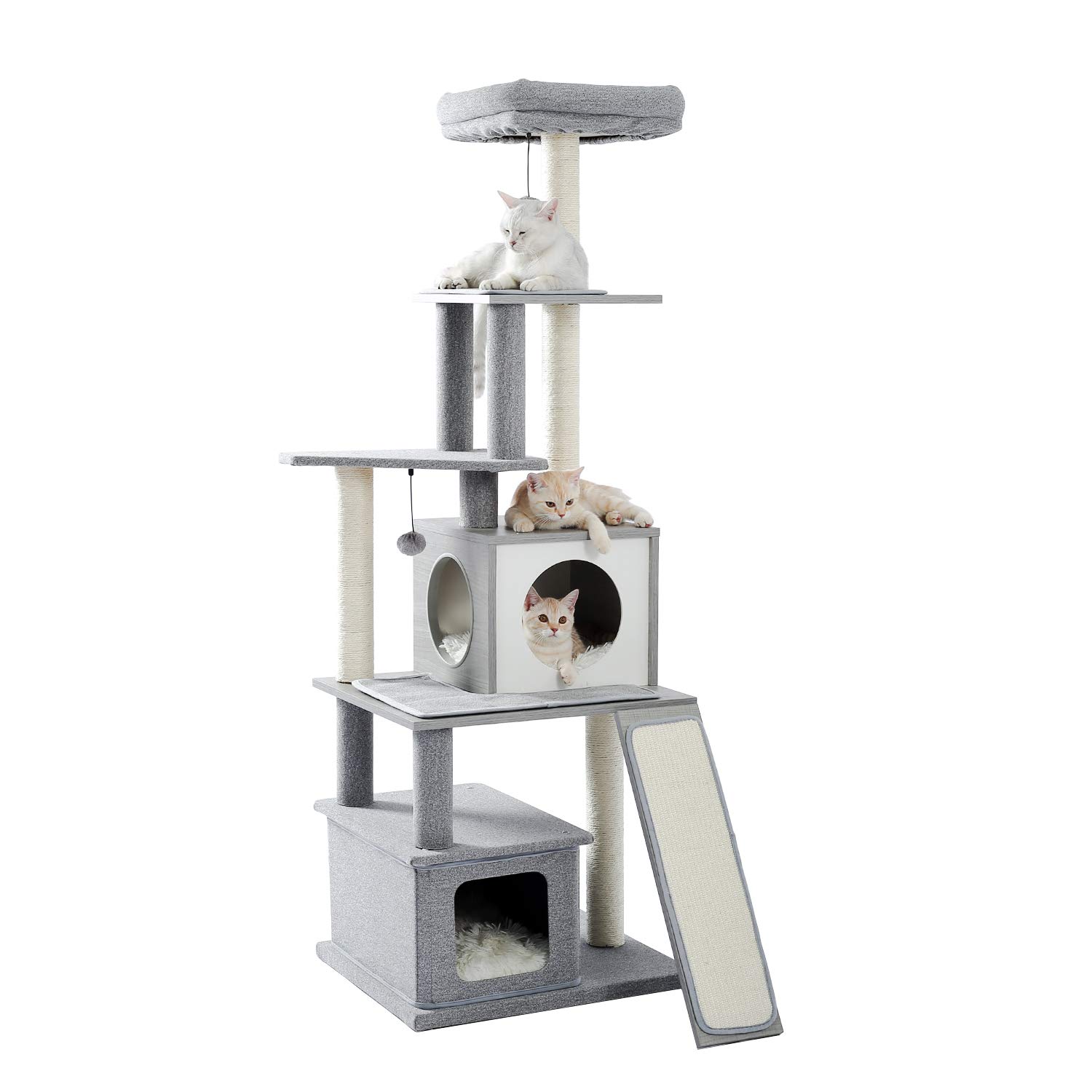 Modern Wooden Cat Tree with Sisal Scratching Post - Multi-Level Play Tower for Kittens & Cats - Large Cat Furniture with Condo, Playhouse & Dangling Toys (Grey) - Perfect for Indoor Play, Climbing & Scratching Needs