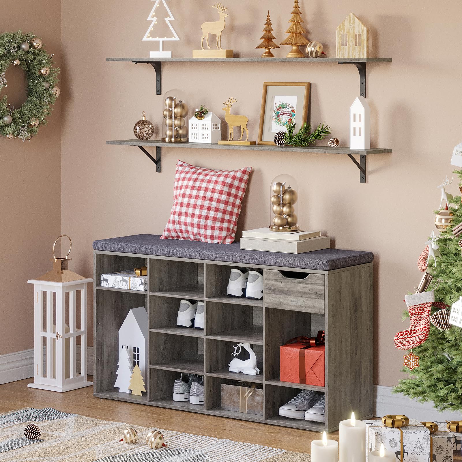 DINZI LVJ Shoe Bench with Drawer & 15 Cubbies - Adjustable Shelves Entryway Storage Organizer for Shoes - Gray Wash Shoe Cabinet for Living Room, Bedroom, Mudroom & Garage | Perfect for Small Space Organization & Entryway Décor