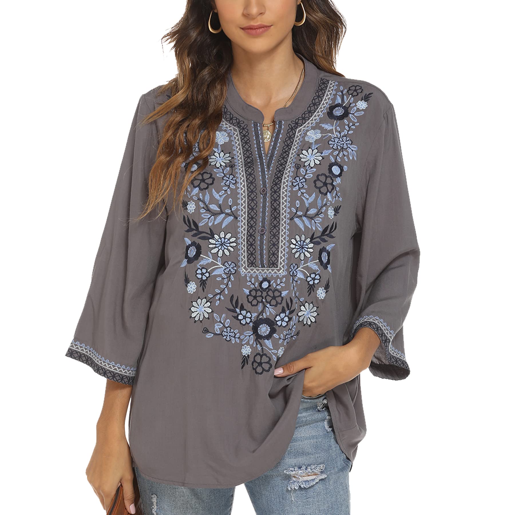 LauraKlein Women's Mexican Embroidered V-Neck 3/4 Sleeve Peasant Blouse - Casual Loose Summer Tunic Top for Women | Perfect for Beach Vacations, Boho Festivals & Everyday Wear