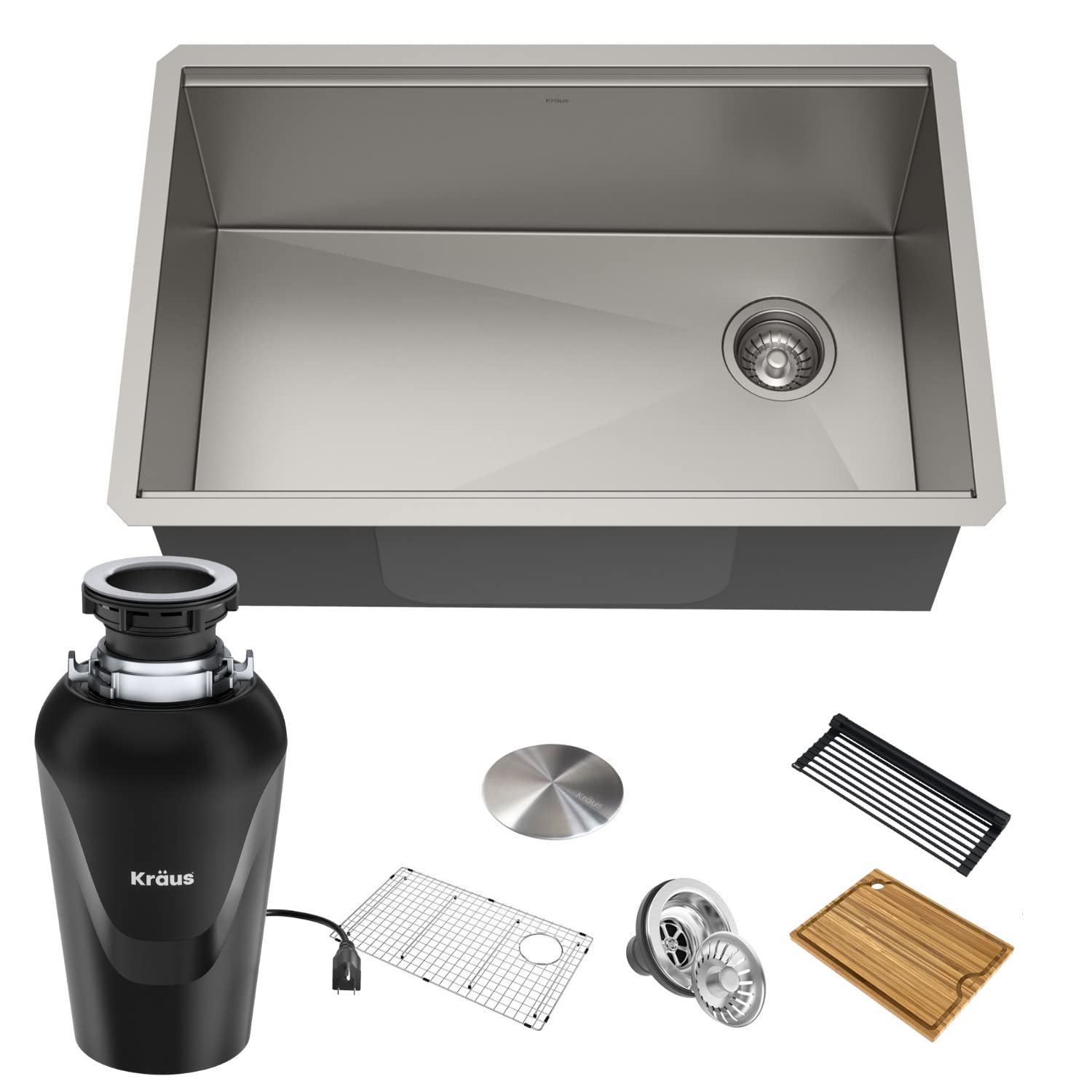 KRAUS Kore™ 27-inch Undermount 16 Gauge Stainless Steel Single Bowl Kitchen Sink with Accessories (5-Piece Set) & WasteGuard™ Garbage Disposal - Perfect for Modern Kitchens, Dishwashing, and Food Prep