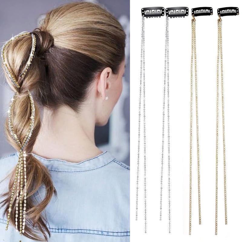 Chirography 4-Piece Sparkle Hair Chain for Girls - Rhinestone Hair Clips for Braiding & Styling - Silver & Gold Hair Extensions for Party, Wedding & Cosplay (2 Silver, 2 Gold) - Perfect for Special Occasions & Everyday Glam