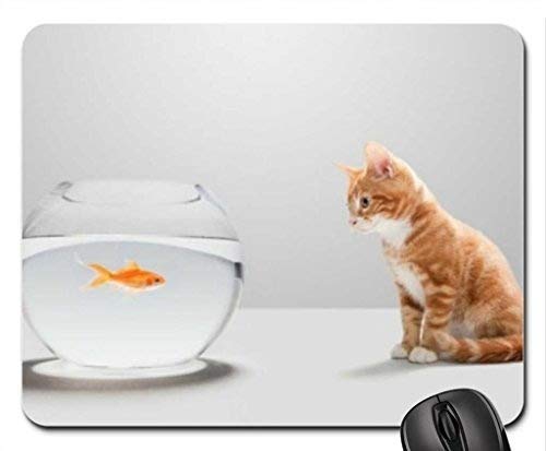 Cat Mouse Pad with Kitten Looking at Goldfish in Bowl - Cute Non-Slip Gaming Mousepad for Computer, Office, and Home Use