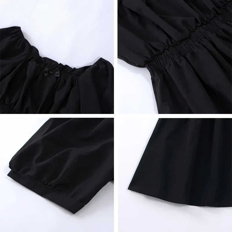 Gothic Black Puff Sleeve Wrap Dress for Women - Kawaii Cute Sundress | Dark Academia Aesthetic | Perfect for Casual Wear, Date Nights & Gothic Fashion Lovers