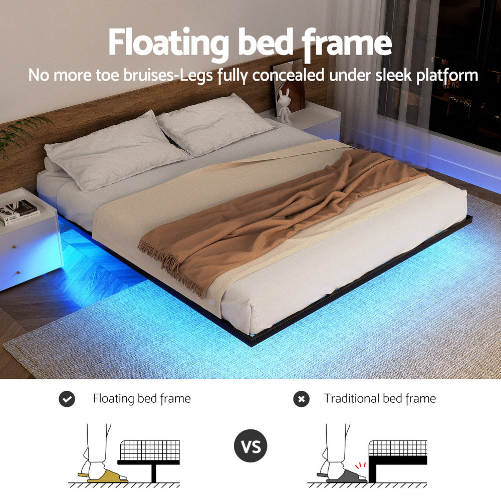 King Size Bed Frame - Floating Metal Platform Bed with Smart LED Lights, Sturdy Steel Construction, Noise-Free Design, Tool-Free Assembly (300KG Capacity) - Perfect for Master Bedrooms, Guest Rooms & Luxury Hotels