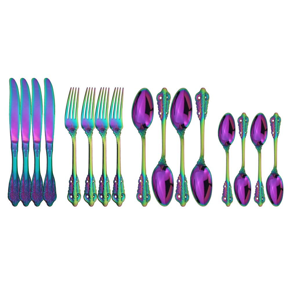 24-Piece Stainless Steel Flatware Set - 18/10 Premium Silverware Cutlery with Knives, Forks & Spoons - Elegant Dishwasher Safe Dinnerware for Everyday Use, Parties & Formal Dining (Rainbow Color)