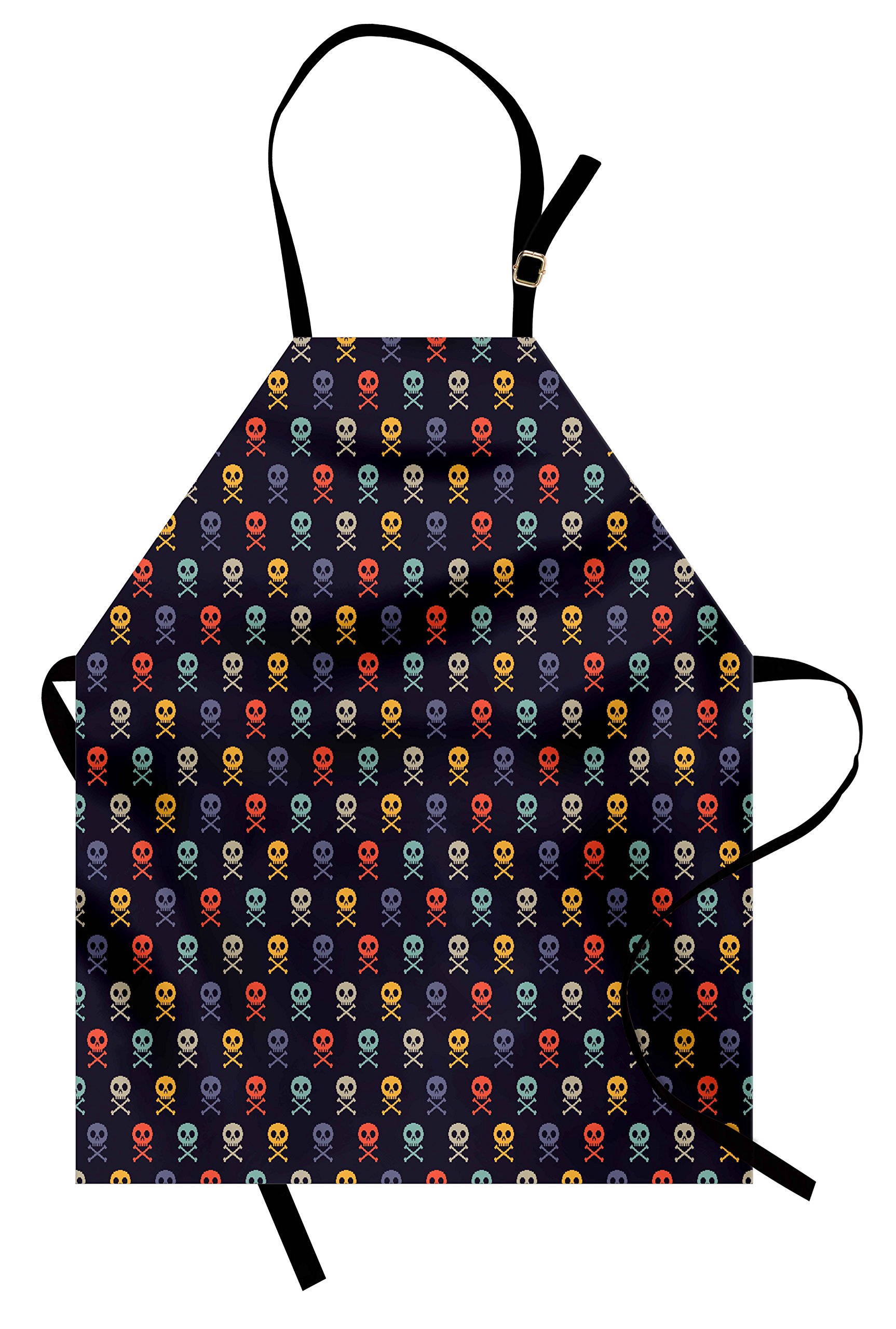 Ambesonne Pixel Art Apron - Skull & Bones Pirate Design Kitchen Apron for Cooking, Baking, Grilling - Adjustable Neck Bib Apron for Men & Women - Perfect for BBQ, Gardening, Halloween Costume